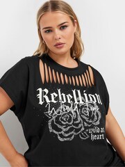 Yours Curve Black 100% Cotton Laser Cut T-Shirt - Image 5 of 6