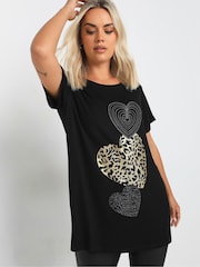 Yours Curve Black Glitter Heart T-Shirt - Image 1 of 5