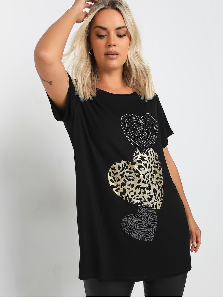 Yours Curve Black Glitter Heart T-Shirt - Image 1 of 5