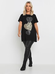 Yours Curve Black Glitter Heart T-Shirt - Image 2 of 5