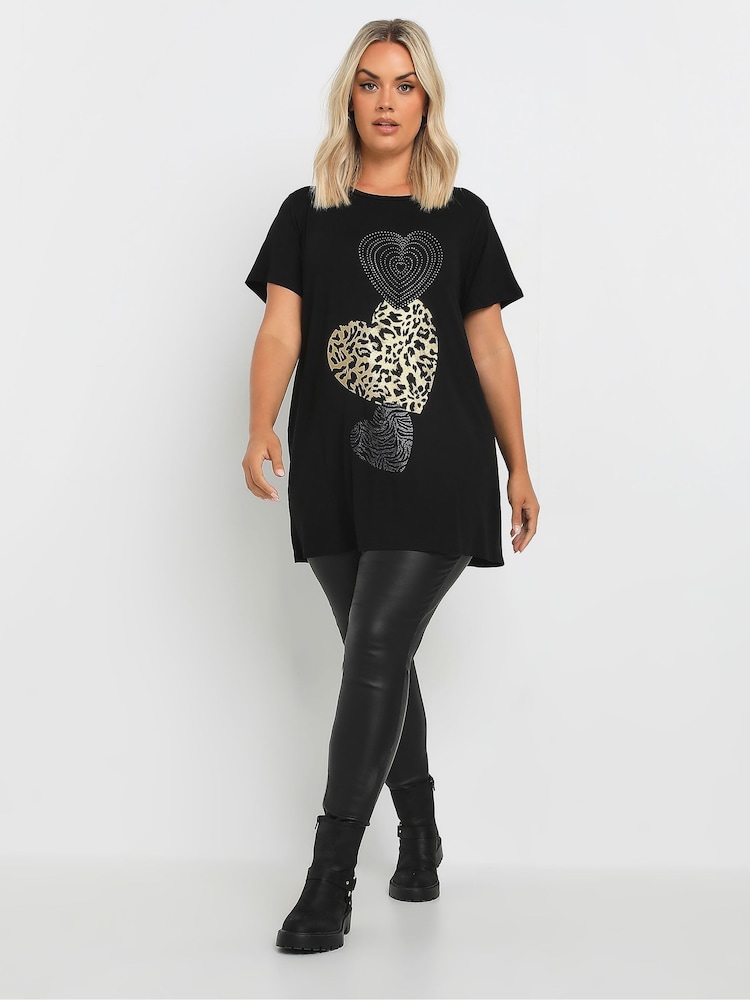 Yours Curve Black Glitter Heart T-Shirt - Image 2 of 5