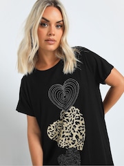 Yours Curve Black Glitter Heart T-Shirt - Image 4 of 5
