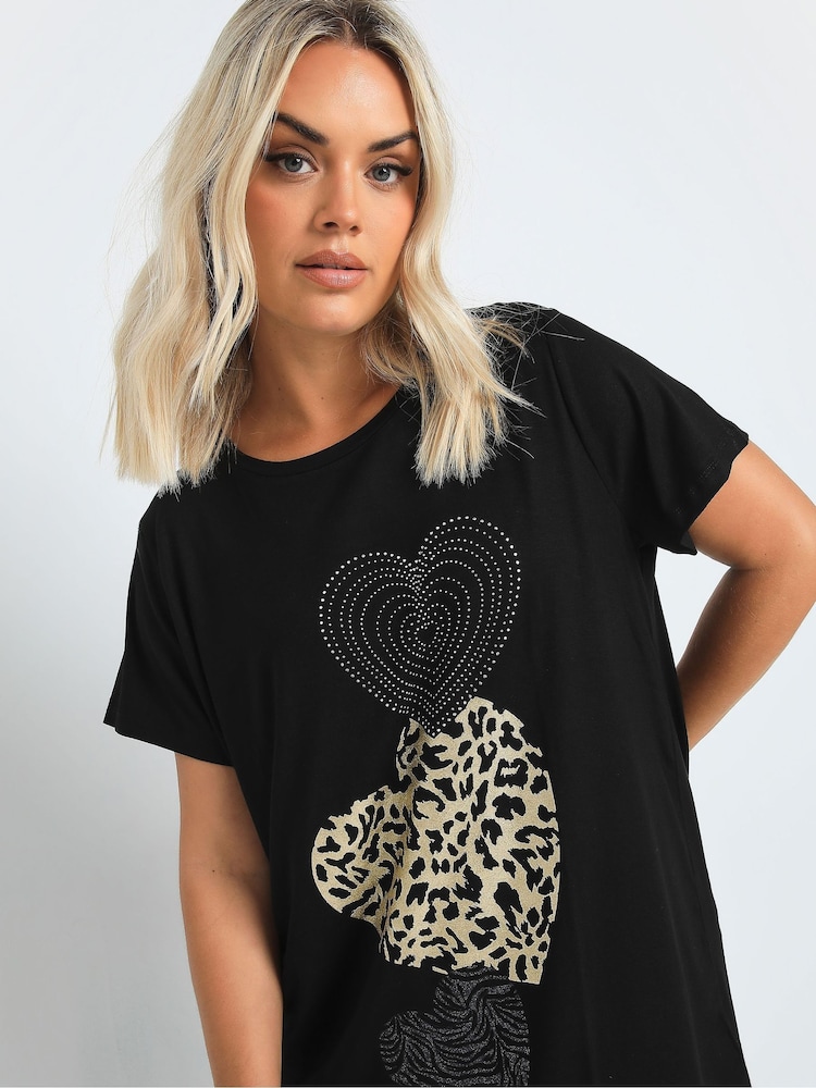 Yours Curve Black Glitter Heart T-Shirt - Image 4 of 5