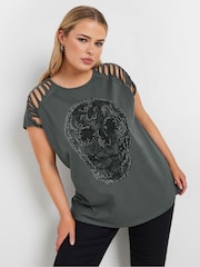 Yours Curve Lace Skull 100% Cotton Laser Cut T-Shirt - Imagen 1 de 5