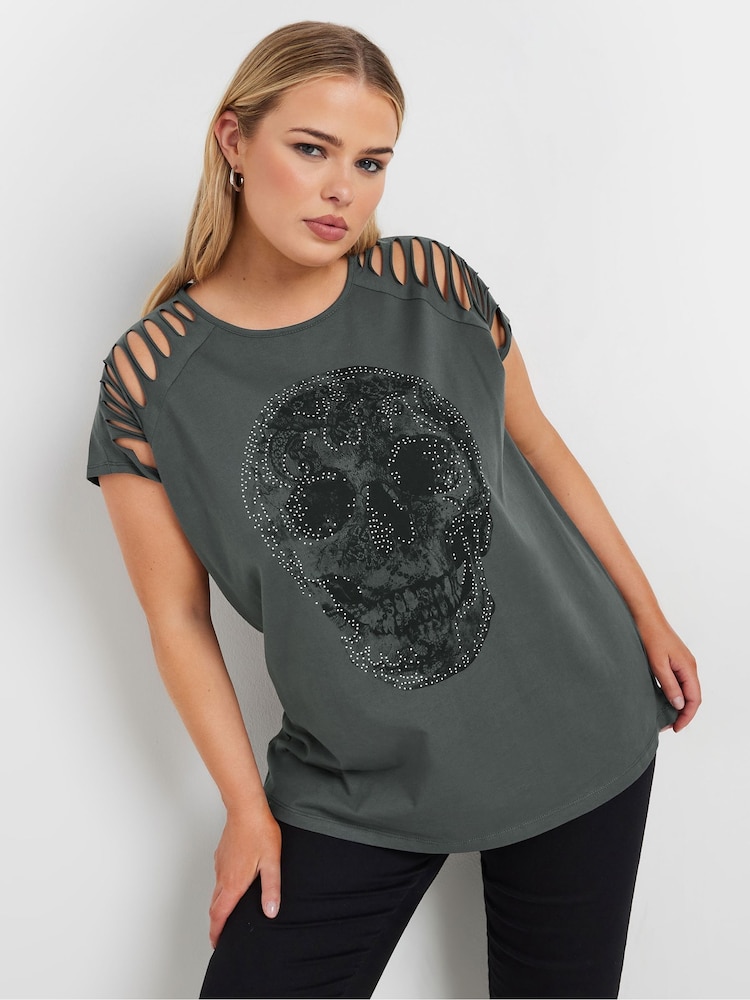 Yours Curve Lace Skull 100% Cotton Laser Cut T-Shirt - Imagen 1 de 5