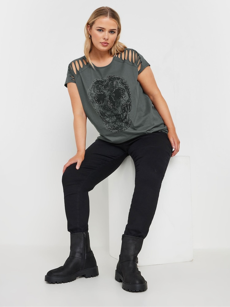 Yours Curve Lace Skull 100% Cotton Laser Cut T-Shirt - Imagen 2 de 5