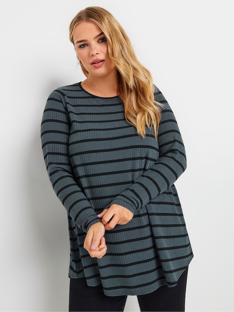 Yours Curve Grey Long Sleeve Rib Swing Stripe T-Shirt - Image 1 of 5