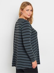 Yours Curve Grey Long Sleeve Rib Swing Stripe T-Shirt - Image 2 of 5