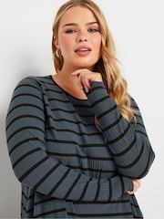 Yours Curve Grey Long Sleeve Rib Swing Stripe T-Shirt - Image 4 of 5
