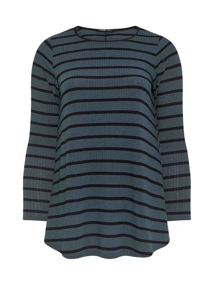 Yours Curve Grey Long Sleeve Rib Swing Stripe T-Shirt - Image 5 of 5