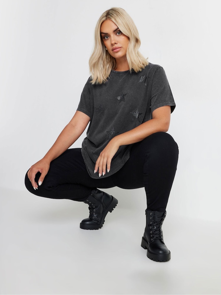 Yours Curve Grey 100% Cotton Set In Sleeve Placement T-Shirt - Image 4 of 6