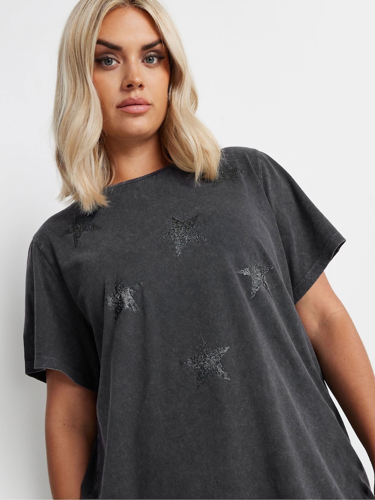 Yours Curve Grey 100% Cotton Set In Sleeve Placement T-Shirt - Image 5 of 6