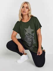 Yours Curve Green Glitter Star T-Shirt - Image 1 of 5