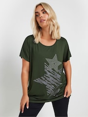 Yours Curve Green Glitter Star T-Shirt - Image 2 of 5