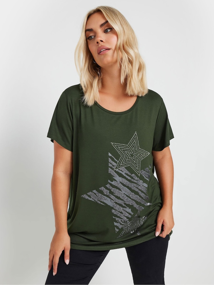 Yours Curve Green Glitter Star T-Shirt - Image 2 of 5