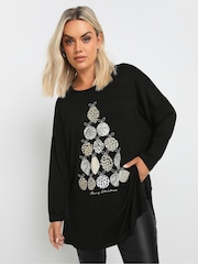 Yours Curve Black Baubles Novelty Long Sleeve Christmas T-Shirt - Image 1 of 5
