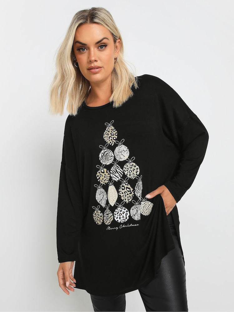Yours Curve Black Baubles Novelty Long Sleeve Christmas T-Shirt - Image 1 of 5