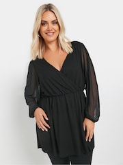 Yours Curve Black Mesh Sleeve Wrap Top - Image 1 of 5