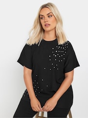 Yours Curve Black Textured Diamante T-Shirt - Image 1 of 5