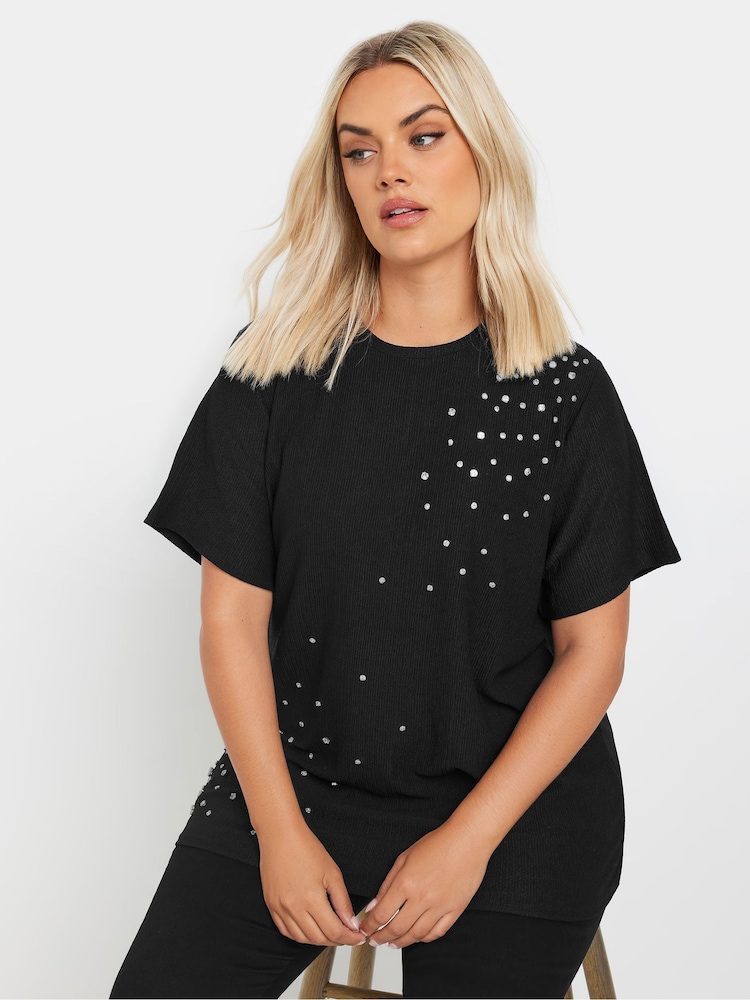 Yours Curve Black Textured Diamante T-Shirt - Image 1 of 5