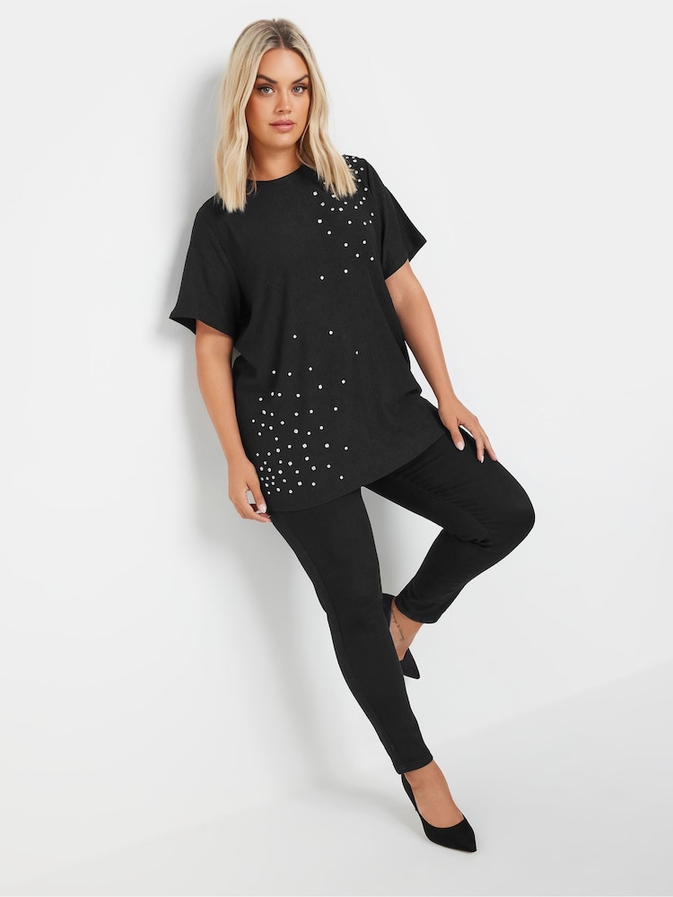 Yours Curve Black Textured Diamante T-Shirt - Image 2 of 5