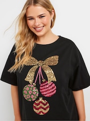 Yours Curve Black Baubles Novelty T-Shirt - Image 4 of 5