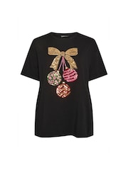 Yours Curve Black Baubles Novelty T-Shirt - Image 5 of 5