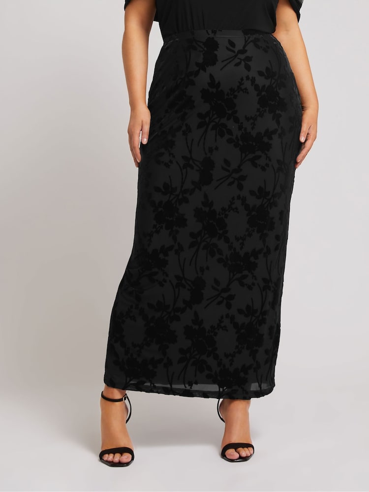 Yours Curve Dark Black London Burn Out Velour Column Skirt - Image 2 of 5