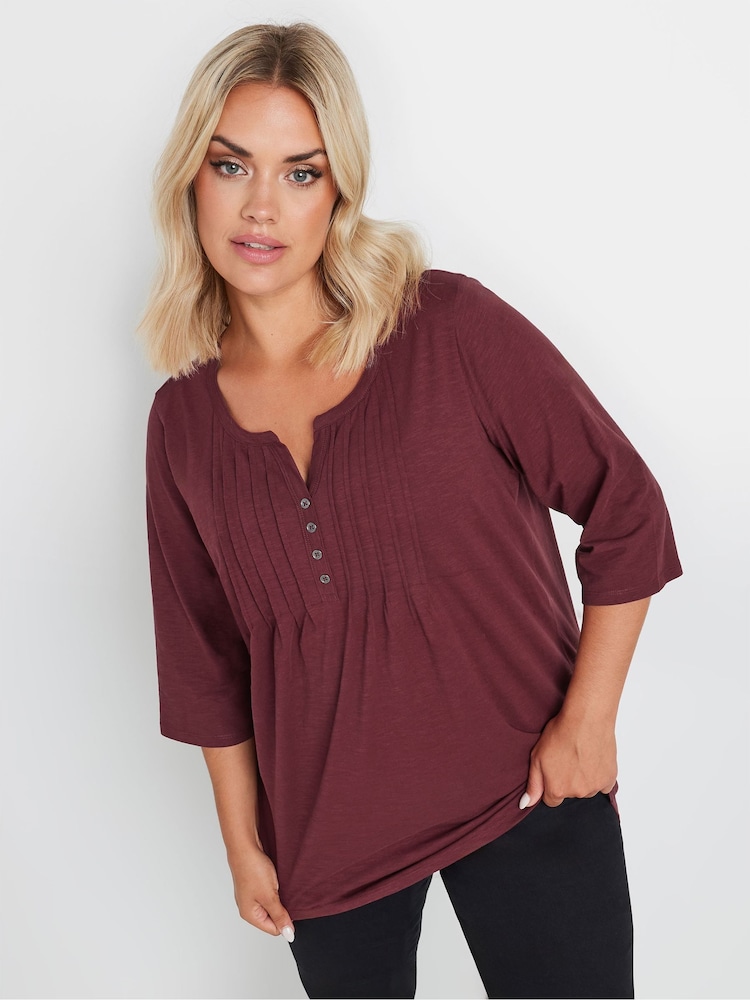 Yours Curve Red 100% Cotton Pintuck Henley Top - Image 1 of 5
