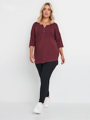 Yours Curve Red 100% Cotton Pintuck Henley Top - Image 2 of 5