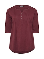Yours Curve Red 100% Cotton Pintuck Henley Top - Image 5 of 5