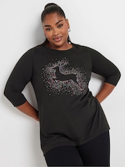 Yours Curve Black Reindeer Novelty T-Shirt - Image 1 of 5