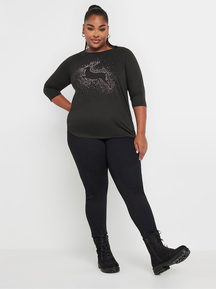 Yours Curve Black Reindeer Novelty T-Shirt - Image 2 of 5