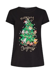 Yours Curve Black Meowy Christmas Novelty T-Shirt - Image 5 of 5