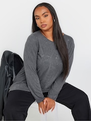 Yours Curve Grey 100% Cotton Long Sleeve Acid Wash T-Shirt - Image 1 of 5