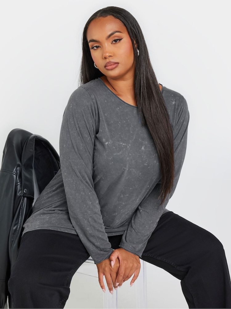 Yours Curve Grey 100% Cotton Long Sleeve Acid Wash T-Shirt - Image 1 of 5