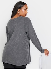 Yours Curve Grey 100% Cotton Long Sleeve Acid Wash T-Shirt - Image 3 of 5