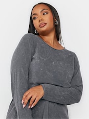 Yours Curve Grey 100% Cotton Long Sleeve Acid Wash T-Shirt - Image 4 of 5