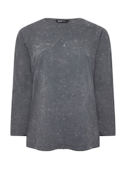 Yours Curve Grey 100% Cotton Long Sleeve Acid Wash T-Shirt - Image 5 of 5