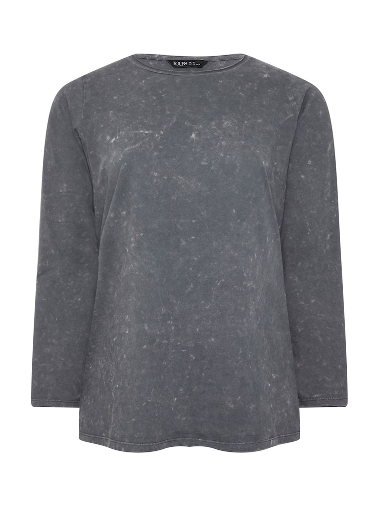 Yours Curve Grey 100% Cotton Long Sleeve Acid Wash T-Shirt - Image 5 of 5