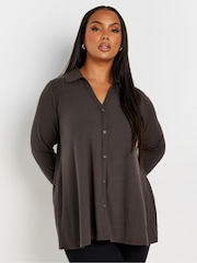 Yours Curve Brown Collar Rib Button Front Top - Image 1 of 5