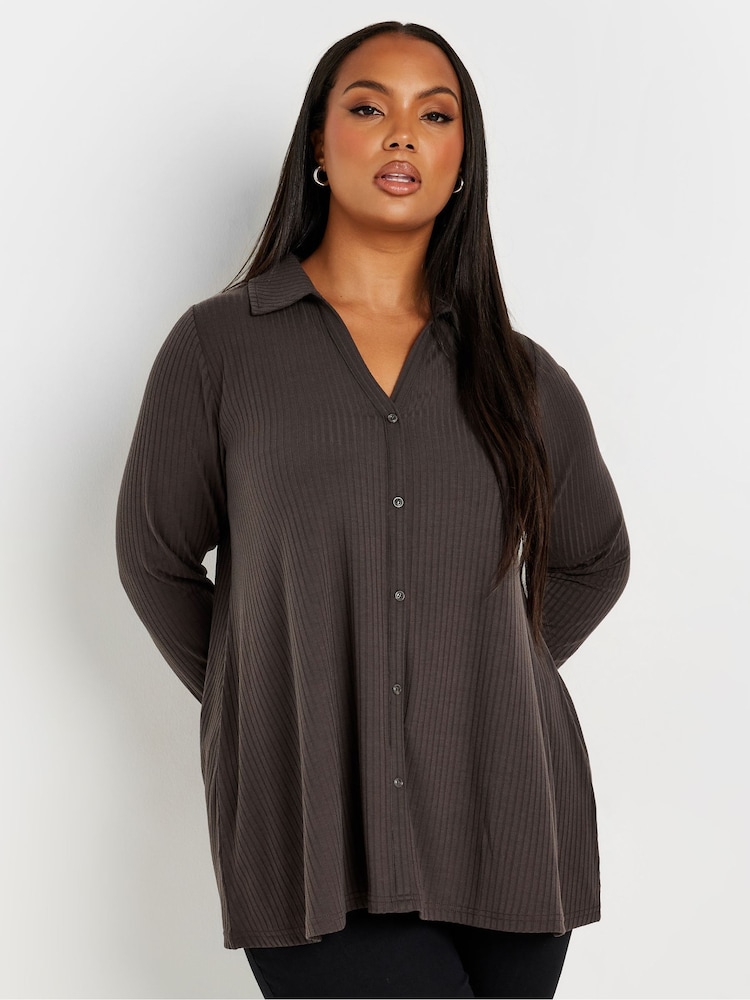 Yours Curve Brown Collar Rib Button Front Top - Image 1 of 5