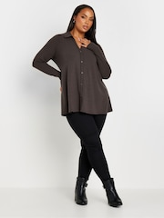Yours Curve Brown Collar Rib Button Front Top - Image 2 of 5
