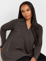 Yours Curve Brown Collar Rib Button Front Top - Image 4 of 5