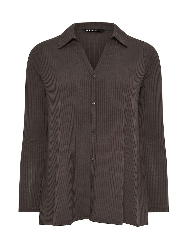 Yours Curve Brown Collar Rib Button Front Top - Image 5 of 5