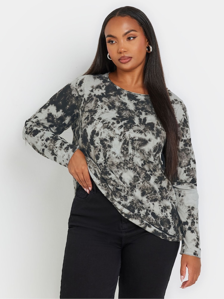 Yours Curve Dark Black 100% Cotton Long Sleeve Acid Wash T-Shirt - Image 1 of 5