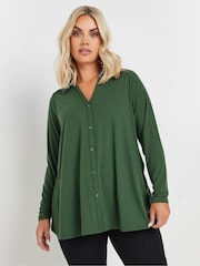 Yours Curve Green Collar Rib Button Front Top - Image 1 of 5