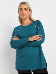 Yours Curve Blue 100% Cotton Military Button Long Sleeve T-Shirt - Image 1 of 5