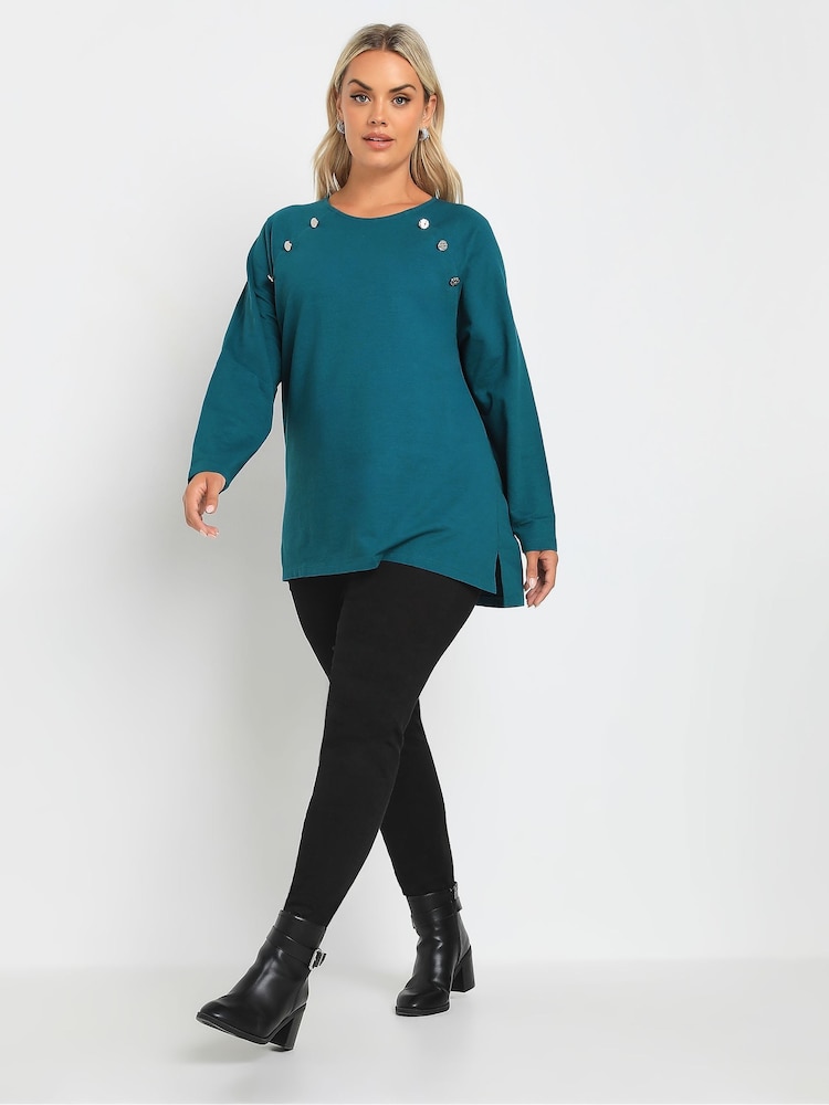 Yours Curve Blue 100% Cotton Military Button Long Sleeve T-Shirt - Image 3 of 5