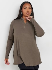 Yours Curve Brown Quarter Zip Rib 100% Cotton Top - Image 1 of 5